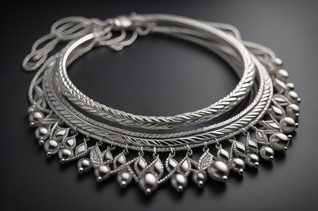 Silver necklace on a solid color background in closeup ai generative