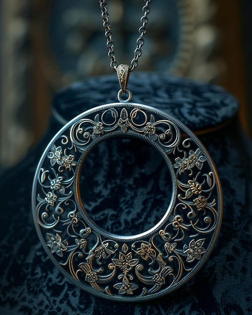 Photo silver necklace with intricate designs a background