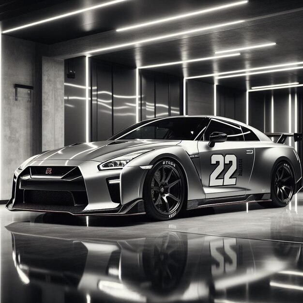 Photo a silver nissan gt r with the number 22 on the side