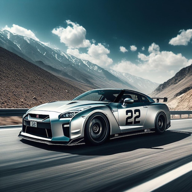 Photo a silver nissan gt r with the number 22 on the side