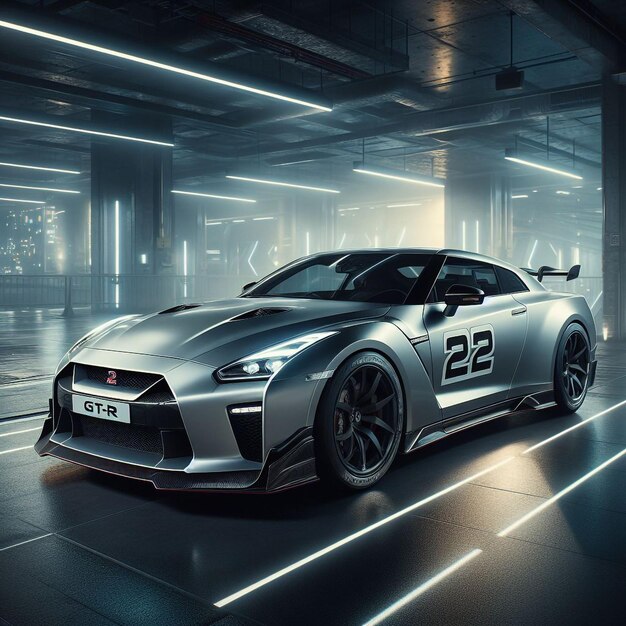 A silver nissan gt r with the number 22 on the side