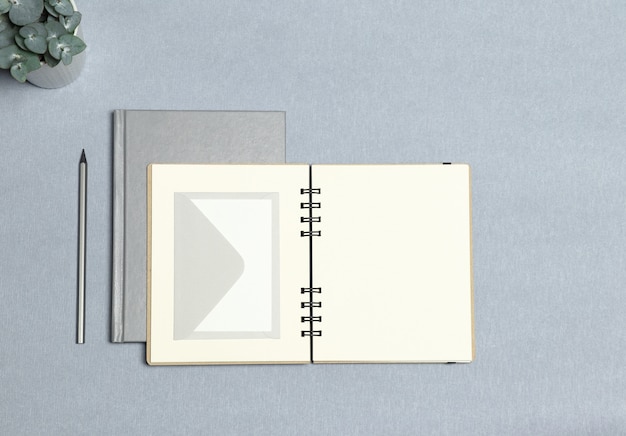 Silver notebook, opened notebook, white envelope, silver pencil, green plant on the grey background