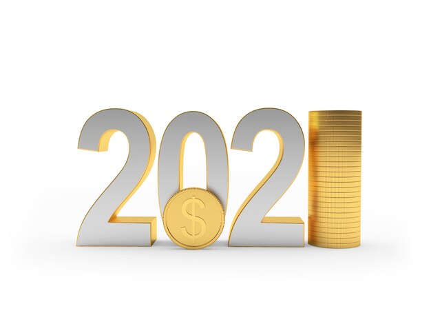 Silver number 2021 with dollar coin and stack of coins