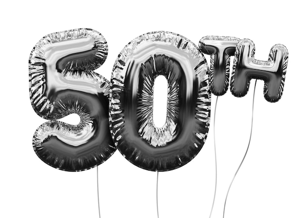 Silver number 50 foil birthday balloon isolated on white Golden party celebration 3D Rendering