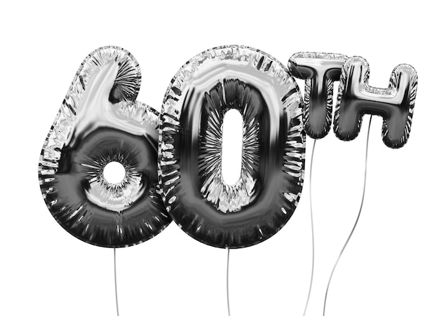 Silver number 60 foil birthday balloon isolated on white Golden party celebration 3D Rendering