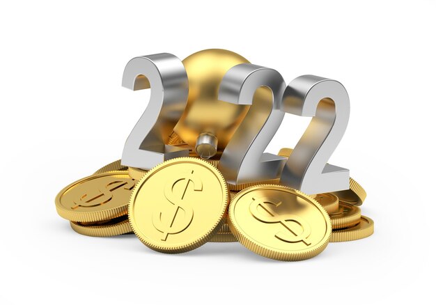 Silver number new year on a pile of gold dollar coins