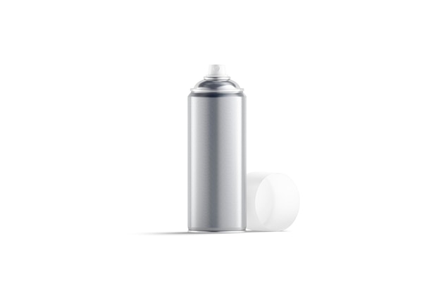 Photo silver opened spray can. metallic cylinder with paint or cosmetic. ozone or graffiti canister.