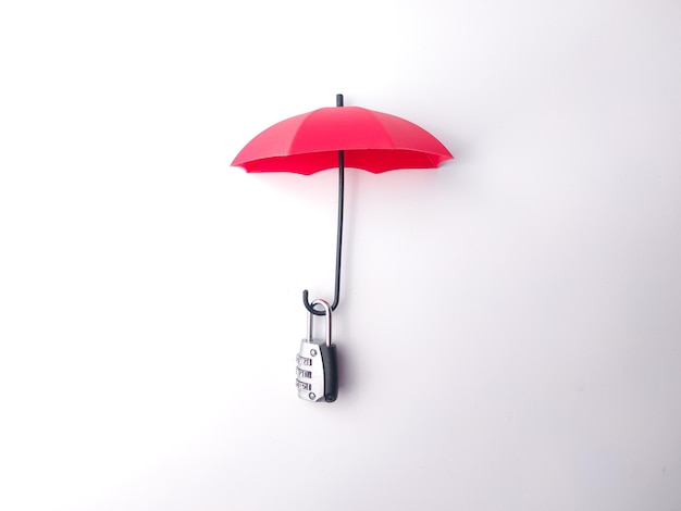 Photo silver padlock and red umbrella on a white background