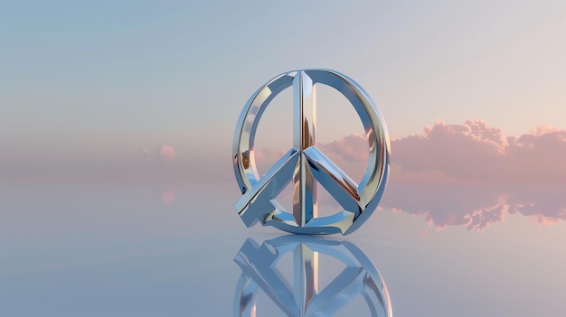 Photo a silver peace sign sitting on a reflective surface with a sunset sky in the background