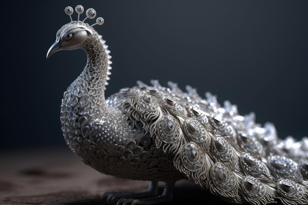 A silver peacock with a crown on it