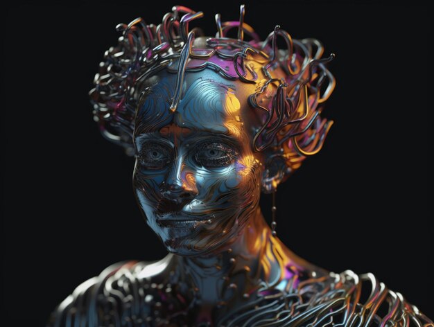 A silver and pink sculpture of a woman with curly hair and a head that says'i'm a robot '