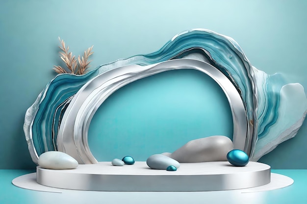 Silver podium with blue and silver arch with stones