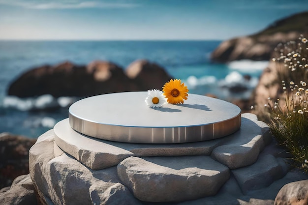 Silver podium with daisy flower and sea background