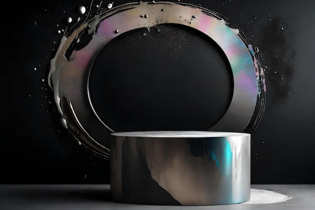 Silver podium with iridescent paint circle on black background