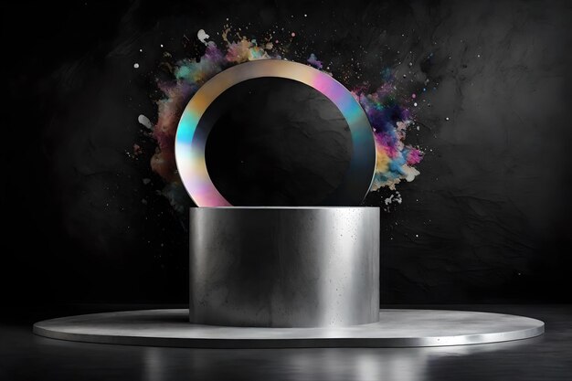 Silver podium with iridescent paint design on background