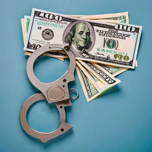 Silver police handcuffs and hundred dollar bills lies on light blue background