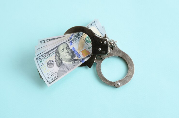 Photo silver police handcuffs and hundred dollar bills lies on light blue