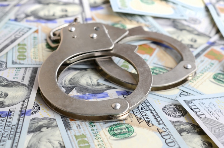 Photo silver police handcuffs lies on a many dollar bills
