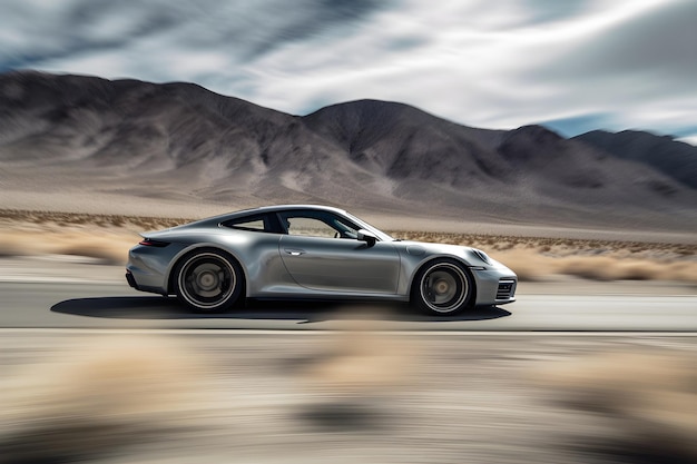 A silver porsche is driving down a road.