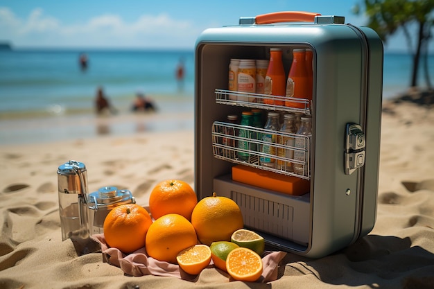 Silver Portable Fridge Resting on a Sandy Beach