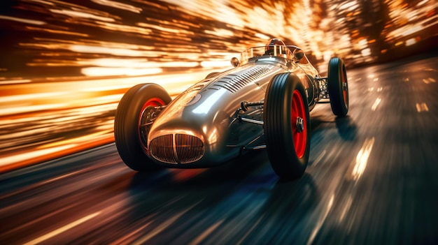 A silver race car driving down a road generative ai image