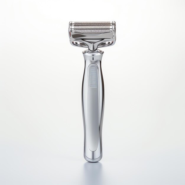 a silver razor on a white background