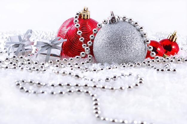 Silver and red Christmas decorations for background