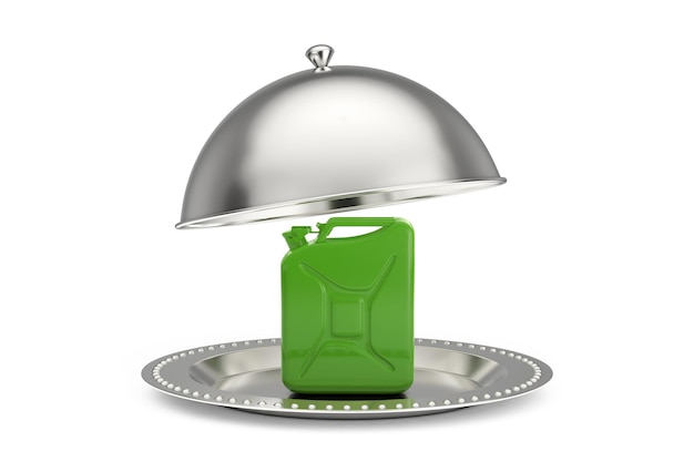 Foto silver restaurant cloche con green metal jerrycan 3d rendering