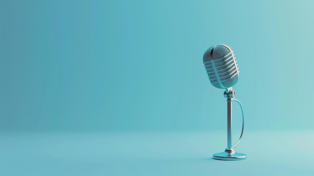 Photo a silver retro microphone on a stand against a blue background