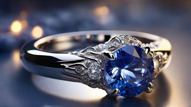 silver ring with blue sapphire gems stone diamonds on blue background