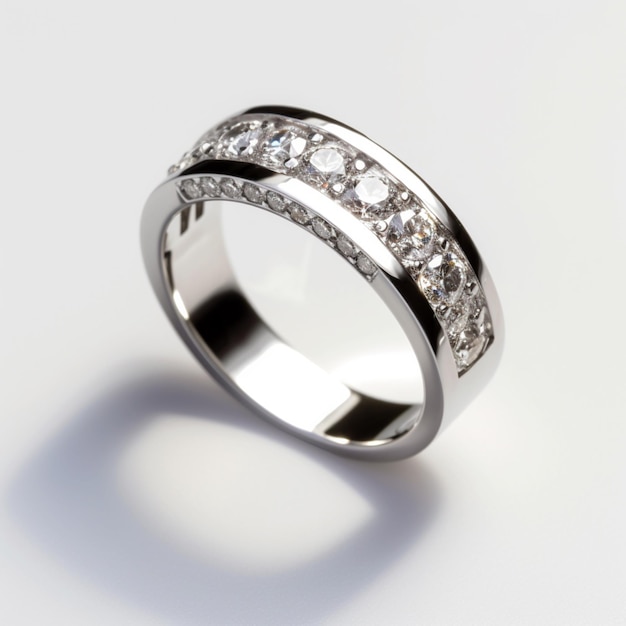 A silver ring with diamonds on it is on a white background.