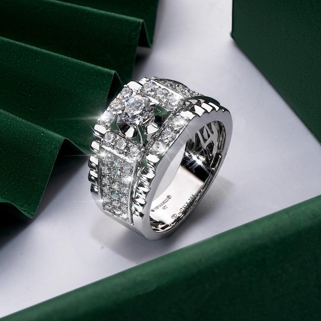 A silver ring with diamonds on it sits on a green box.