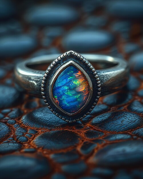 Photo silver ring with an opal stone on a dark background