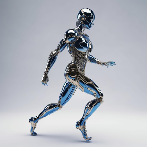 Серебряный робот с синим телом и черным телом с серебряным лицом и черным шлемом.