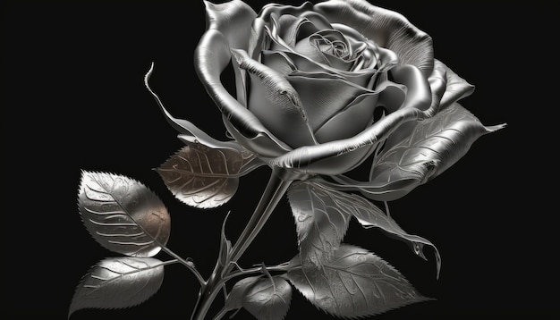 A silver rose with leaves on a black background