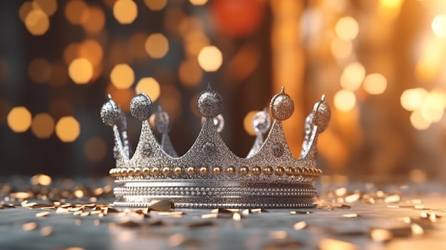 Photo silver royal king crown on table bokeh lights background