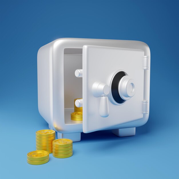 silver safe and lock box with gold coin blue background 3d render