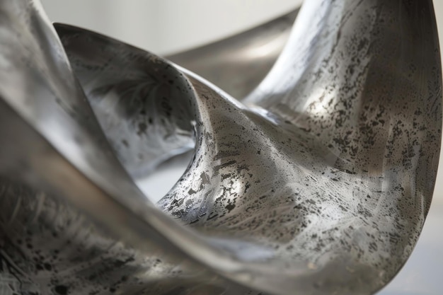 A silver sculpture with a twisted shape and a lot of scratches