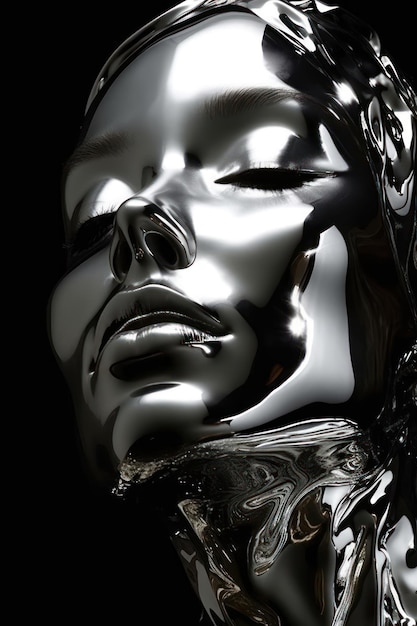 A silver sculpture of a woman's face with her eyes closed.