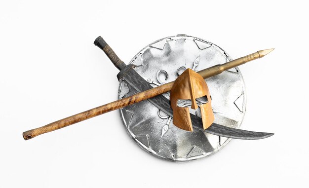 silver shield and spear isolated on white background