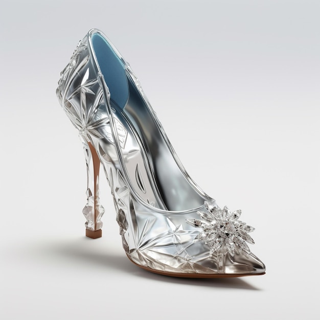 a silver shoe with a flower on the bottom.