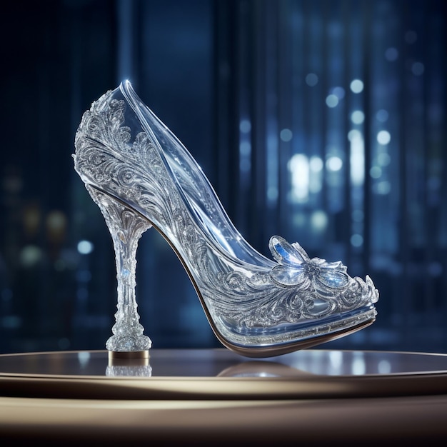 Photo a silver shoe with a silver heel sits on a table.