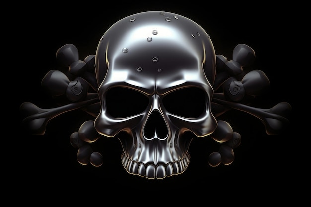 A silver skull with a cross on a black background in the style of luminous 3d objects Generative ai