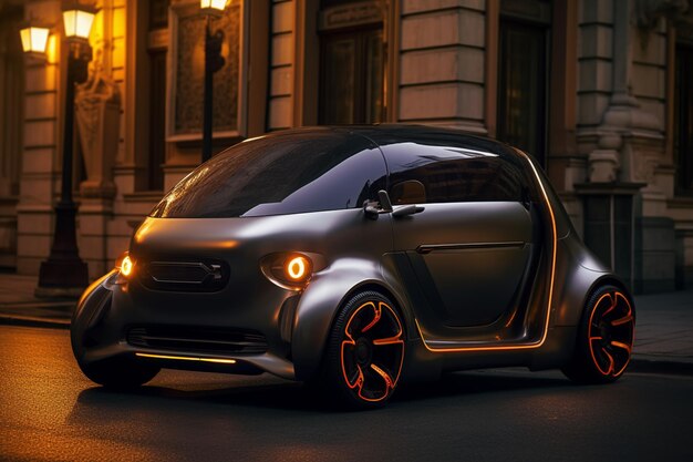 A silver smart car is parked on a street in front of a building.