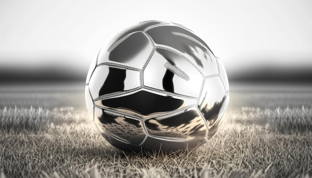 A silver soccer ball on a field with the word " soccer " on it.