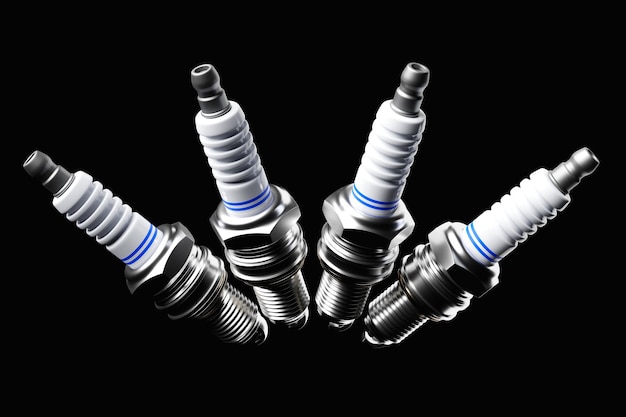 Silver spark plugs on black background 3d illustration Car Repair Parts