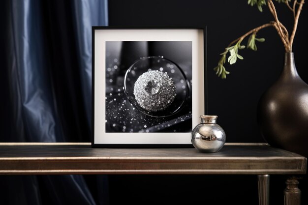 Silver sparkling ball in the center of a black frame