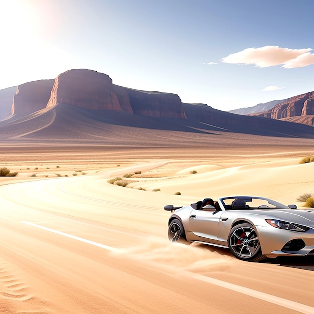 Silver sports car driving on road in the middle of desert with mountains in the background ai genera