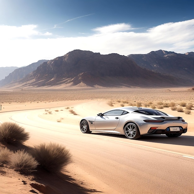 Silver sports car driving on road in the middle of desert with mountains in the background ai genera