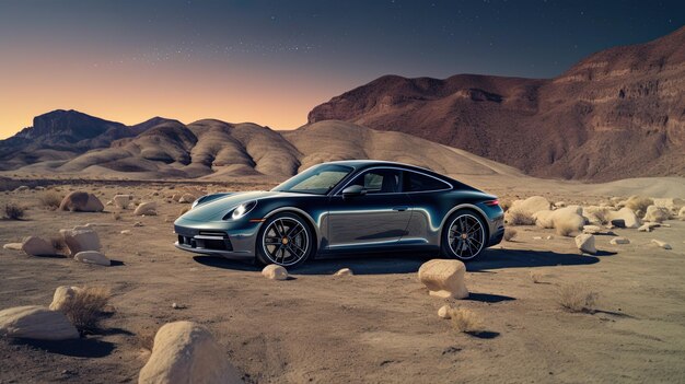 a silver sports car is parked in the desert